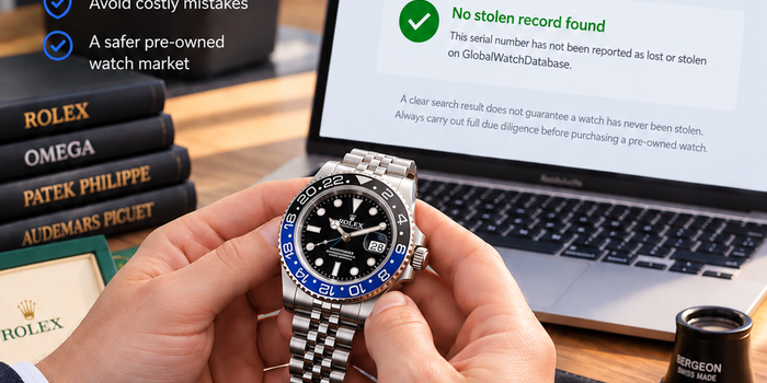 Check if a watch is stolen before buying a pre-owned watch using GlobalWatchDatabase
