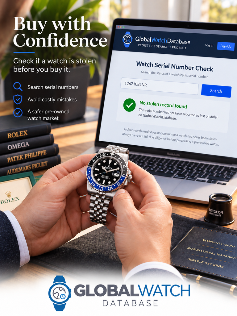 Check if a watch is stolen using a watch serial number search on GlobalWatchDatabase